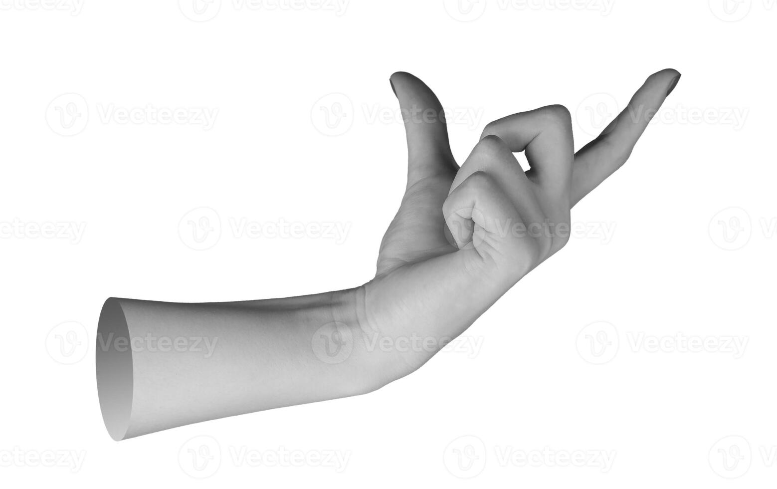 female hand with manicured nails, fingers in a gripping gesture, forefinger and thumb positioned to photo