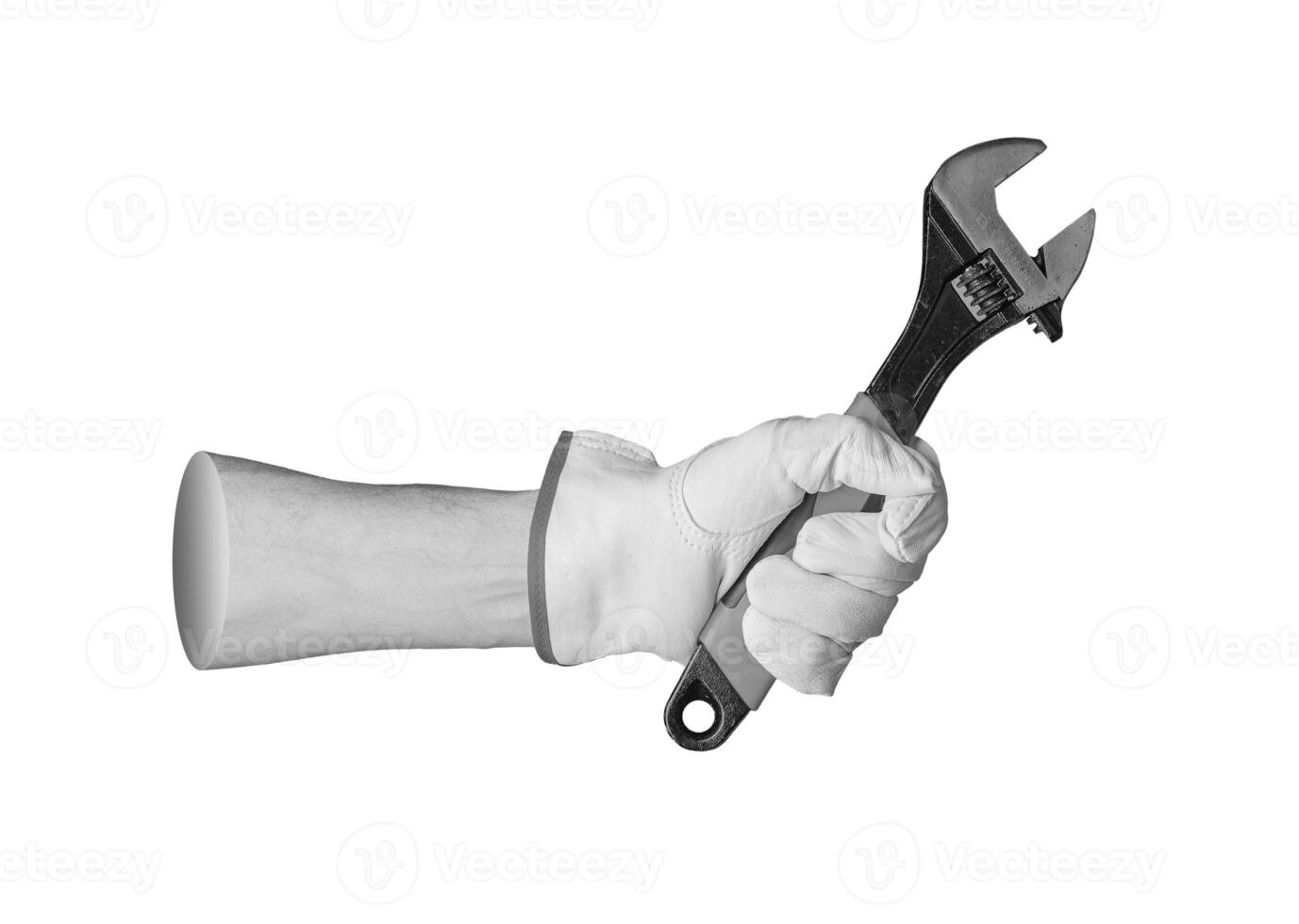 Hand wearing a glove, holding an adjustable wrench, isolated on a white background. The grip shows a photo