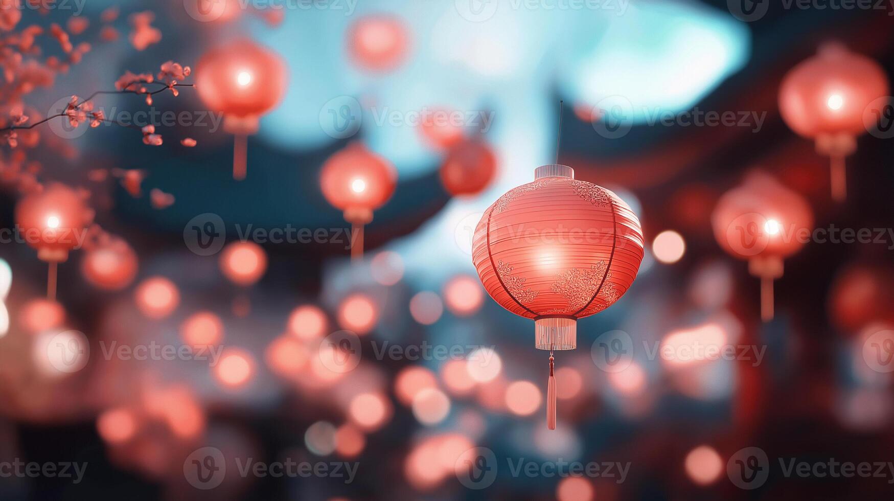Red lanterns in the air with blurred background photo