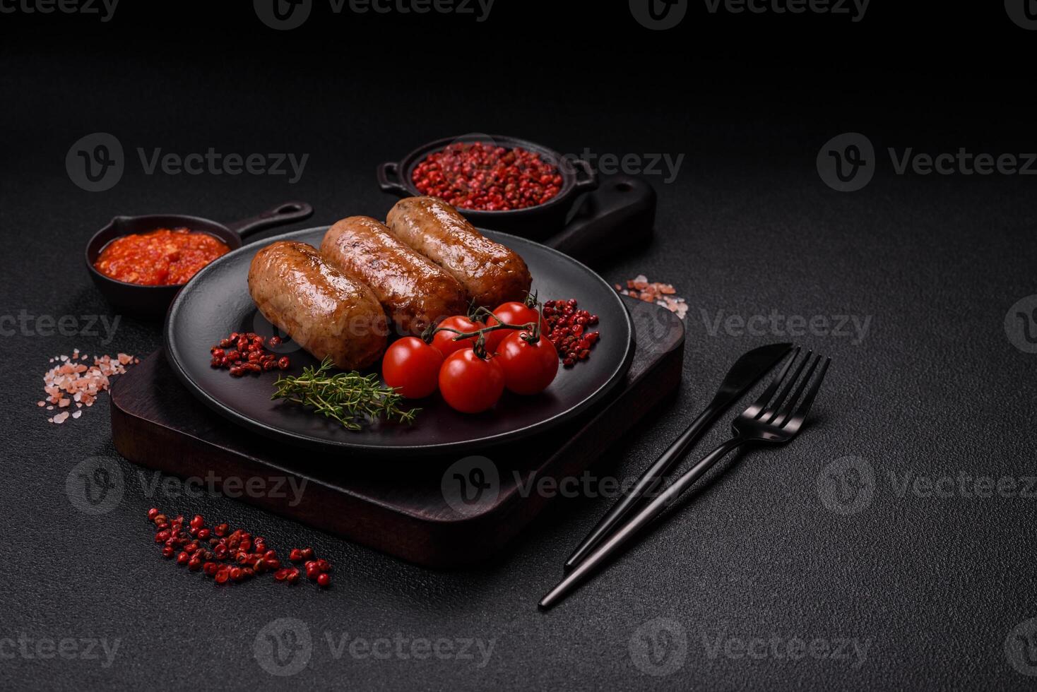 Chicken or pork sausages with salt, spices and herbs photo