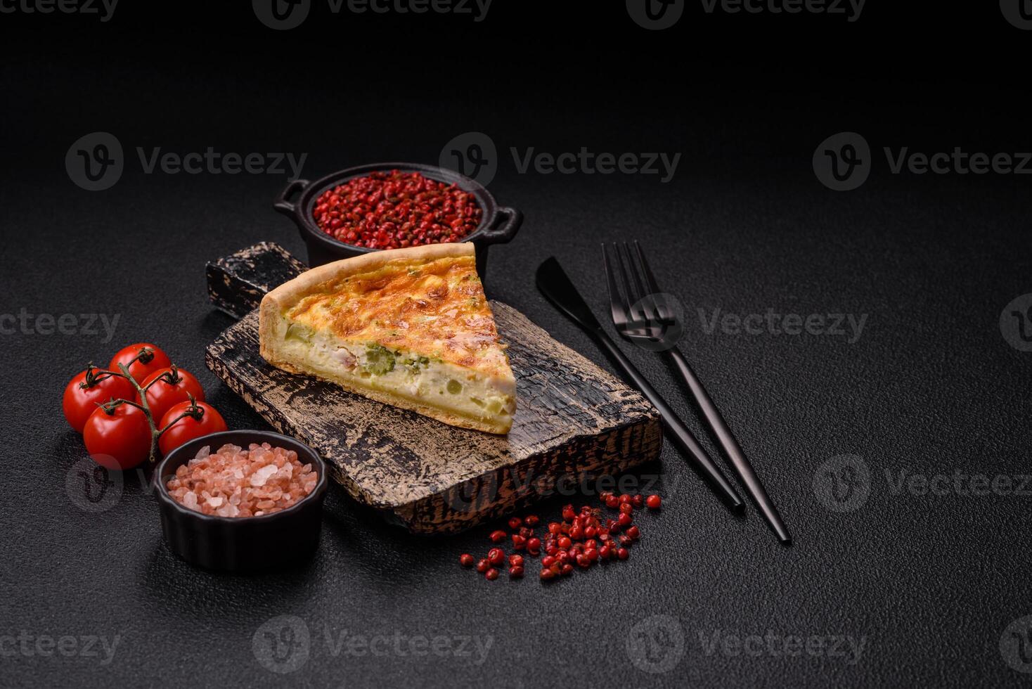 Delicious quiche with broccoli, chicken or salmon and cheese photo
