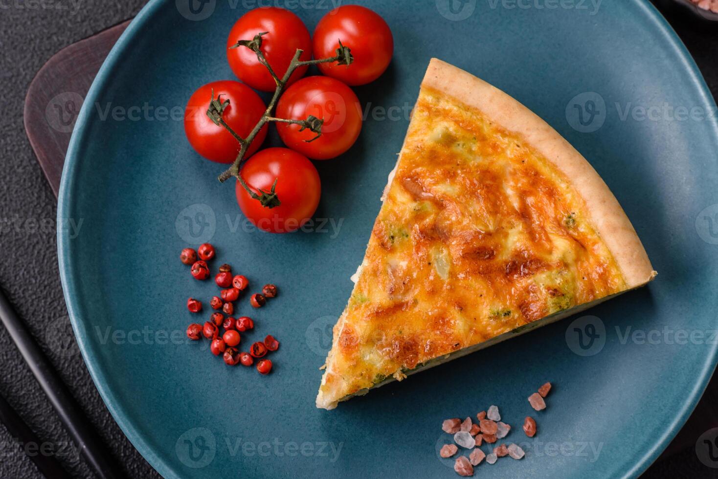 Delicious quiche with broccoli, chicken or salmon and cheese photo