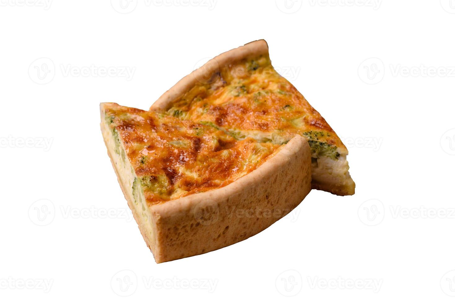 Delicious quiche with broccoli, chicken or salmon and cheese photo