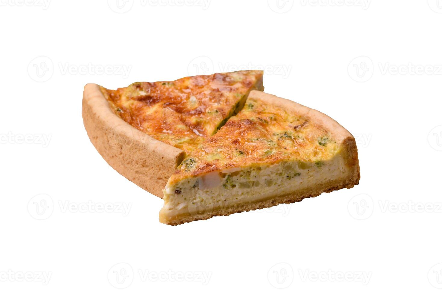 Delicious quiche with broccoli, chicken or salmon and cheese photo