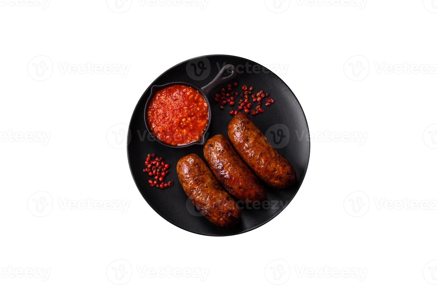 Juicy sausages with salt, spices and herbs photo
