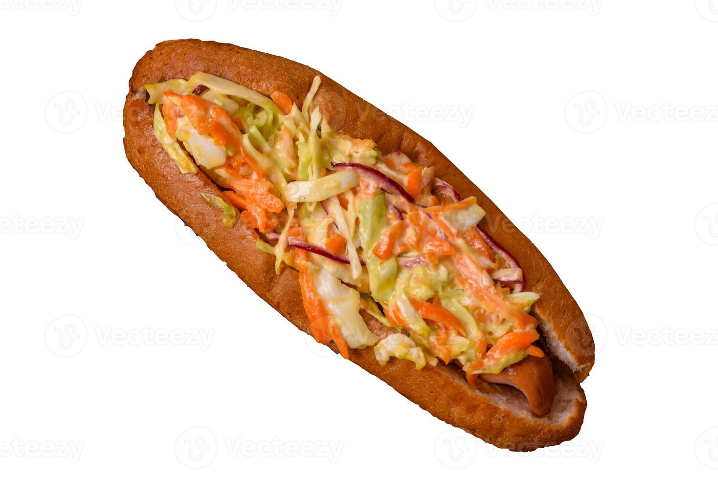 Hotdog with grilled sausage with cabbage, carrots and onions photo