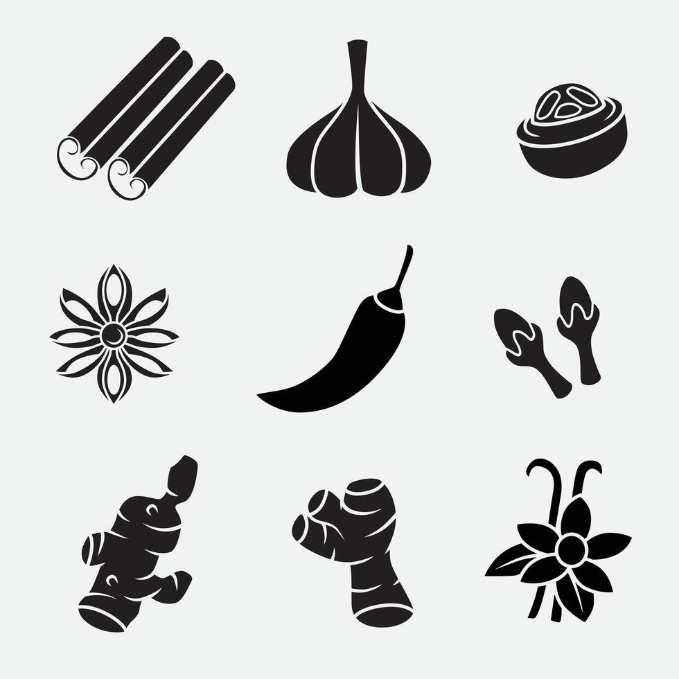 set of spices icons good for logo, symbol, silhouette design vector