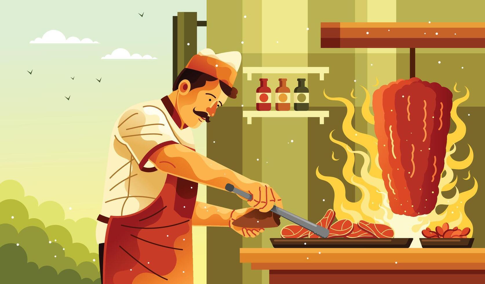 Man Cooking Meat Doner Kebab vector