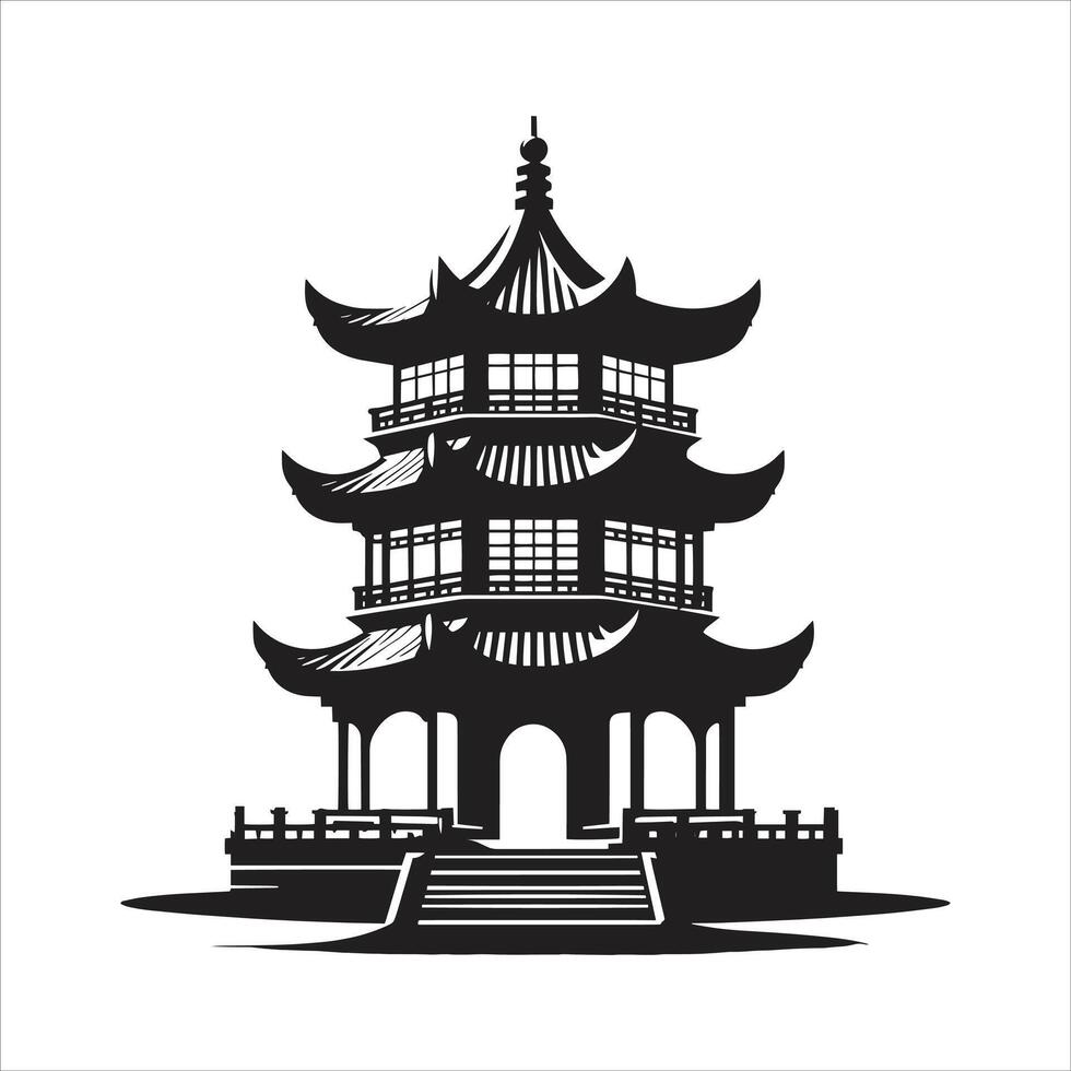 Black And White Silhouette Of Chinese Architecture Drawing Of a Pagoda vector