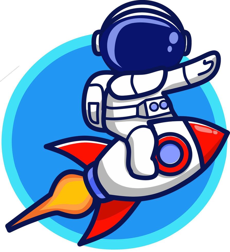 Cute and colorful illustration of an astronaut riding a rocket with a bright blue background. This image is suitable for children's birthday parties. vector