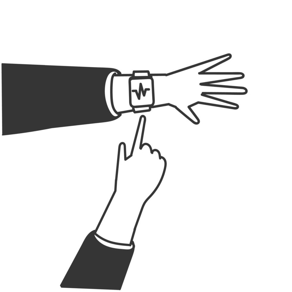 a black and white illustration of a hand reaching for a wrist watch vector