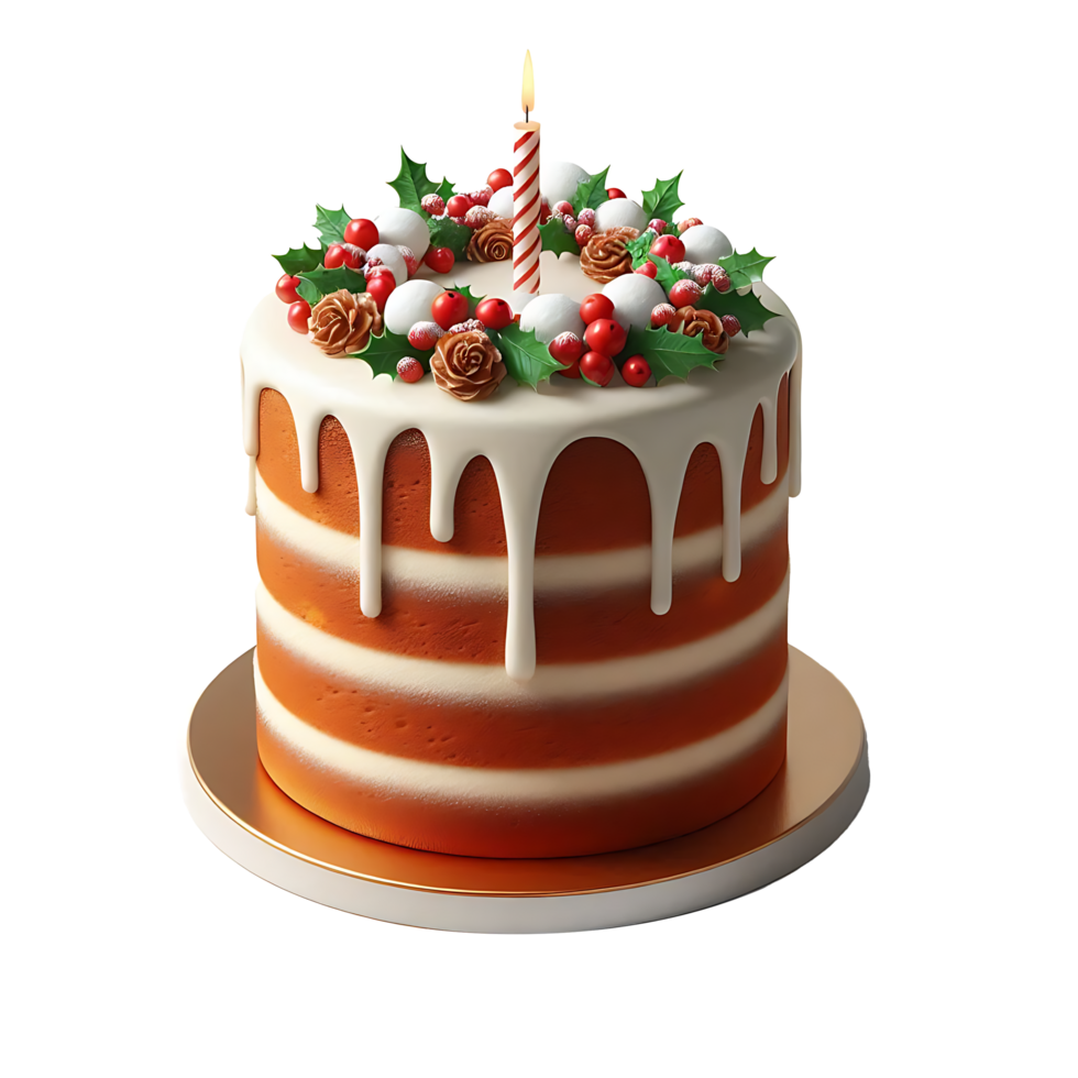 Realistic Christmas tasty chocolate cake with candle cream Cranberries and leaves png