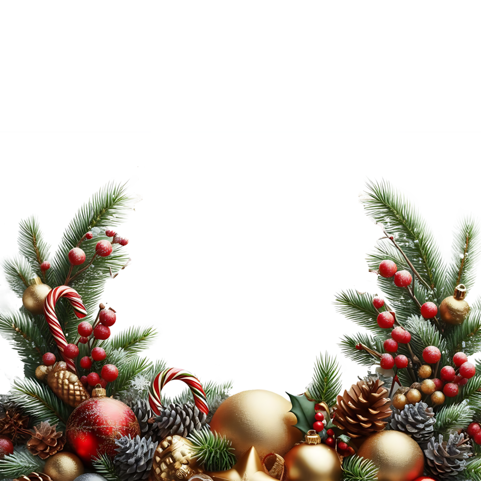 Christmas Border and Frame with golden red Ball Berries Pine Branches And Green Leaves png