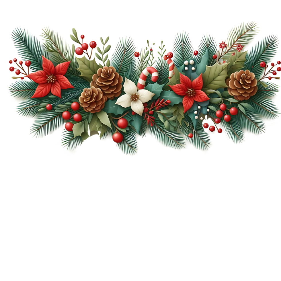 Christmas Border and Frame with Ball Berries Pine Branches red white flowers And Green Leaves png