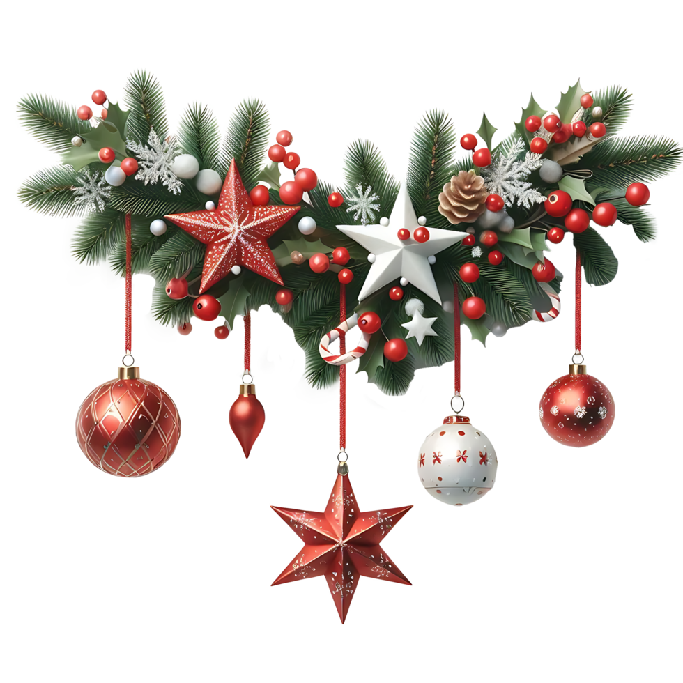 Christmas Border and Frame with Ball Berries, Pine Branches, red and white stars, And Green Leaves png
