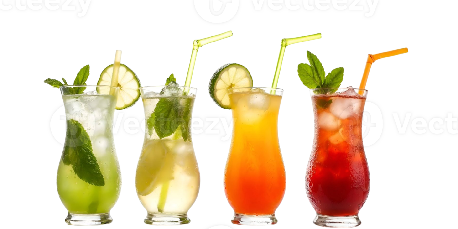 Four different types of drinks in glasses with straws png