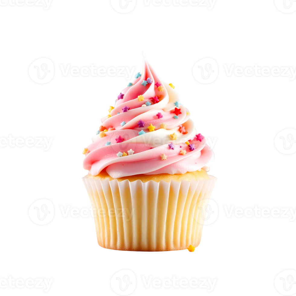 A cupcake with pink frosting on top is shown png