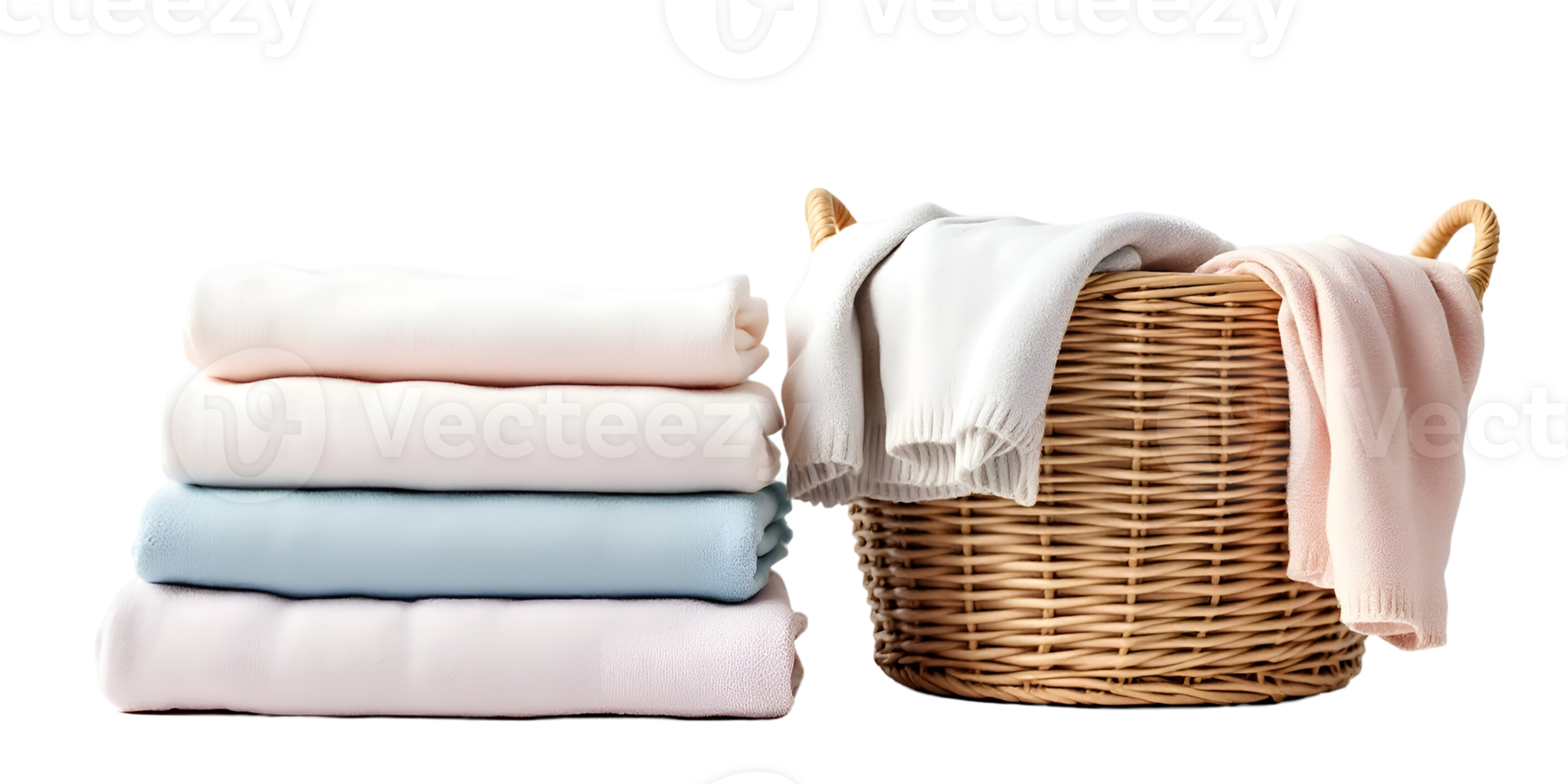 A basket with folded towels and a wicker basket png