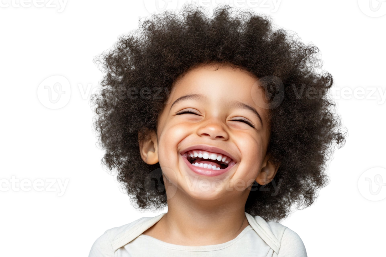 A young boy with an afro hairstyle smiles broadly, his eyes closed in joy. isolated on transparent background png