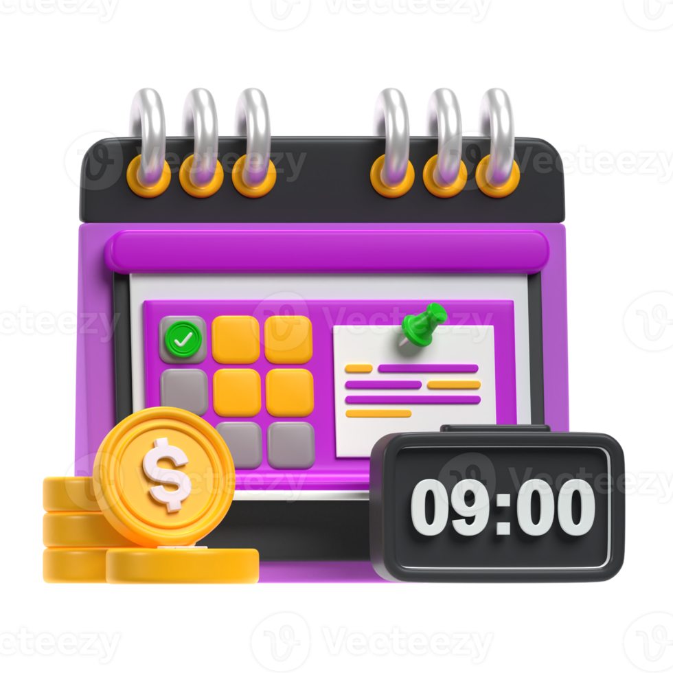 A purple calendar with coins and a clock png