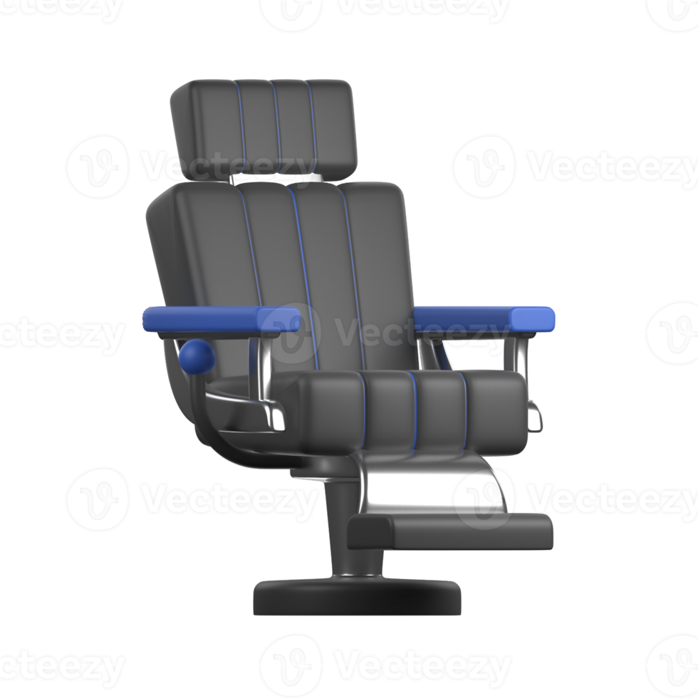 A barber chair with a blue seat and black armrests png