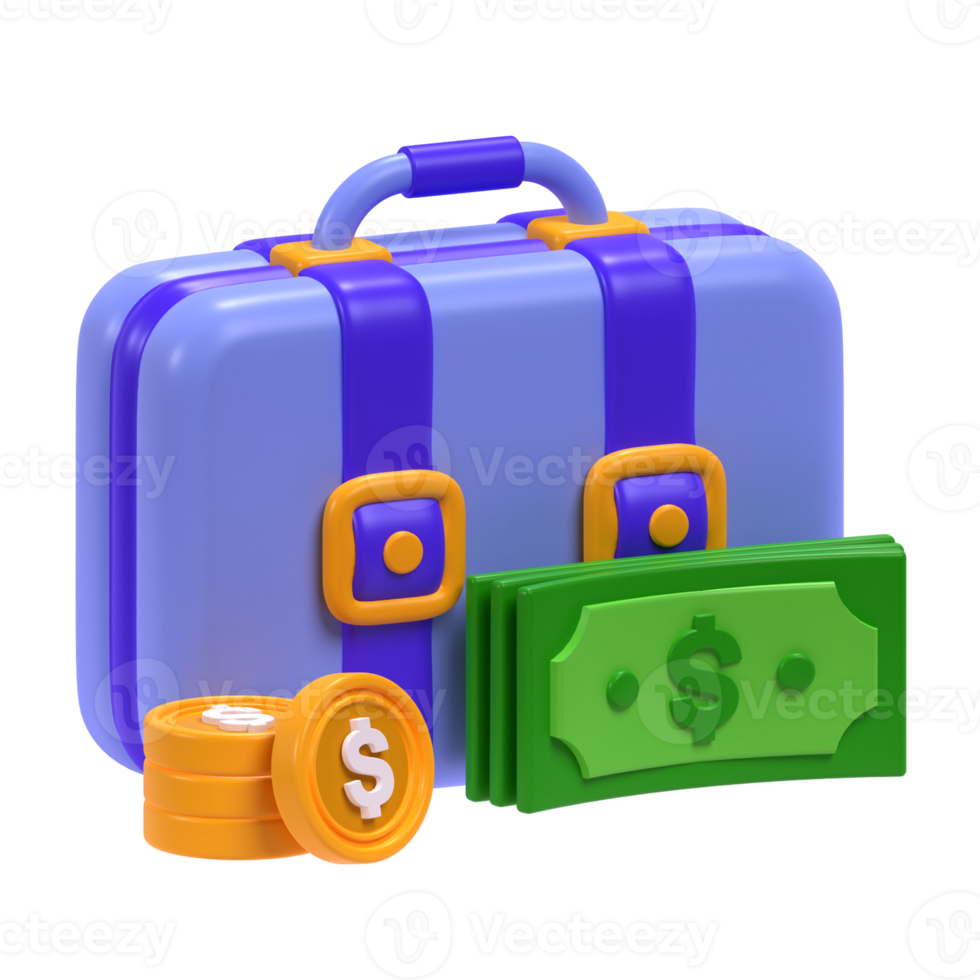 Briefcase and Money in 3d Illustration png