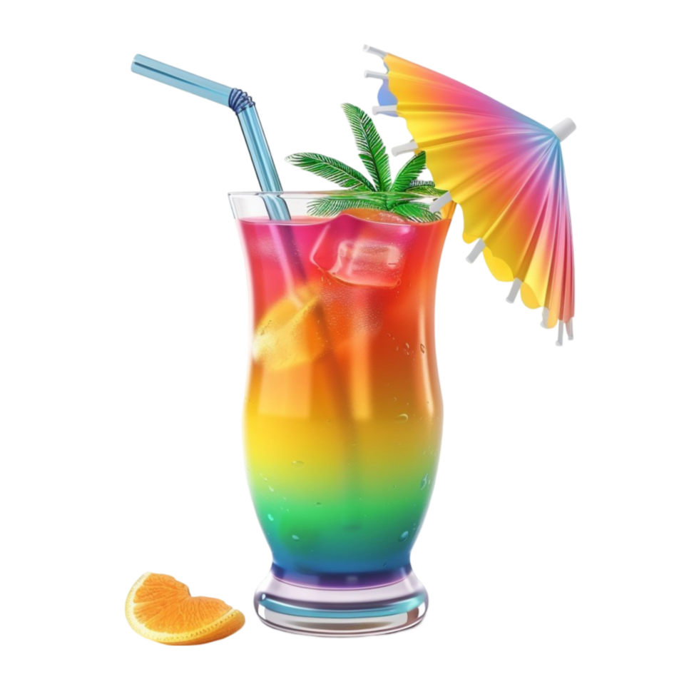 Rainbow Cocktail with Umbrella and Orange Slice on Transparent Background AI-Generativ png
