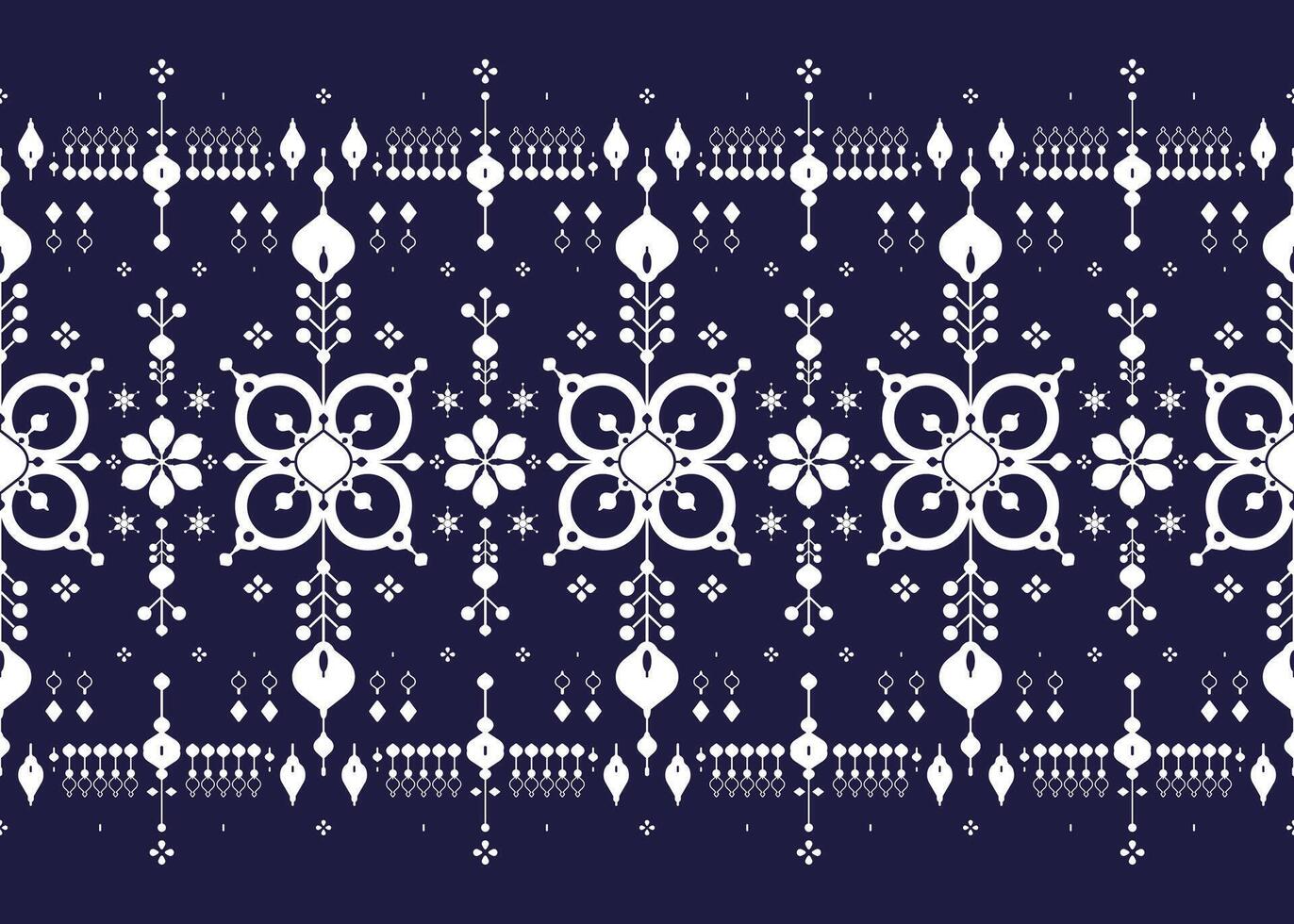White geometric ethnic fabric seamless pattern on dark blue background, design for cloth, carpet, batik, wallpaper, wrapping etc. vector
