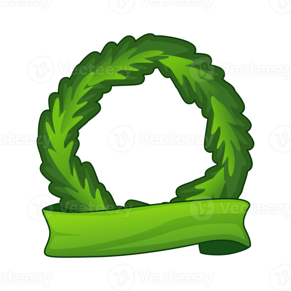 Christmas wreath icon or frame isolated. sticker or sign. New Year home decoration with green ribbon for your icon. Evergreen forest plant branches woven to circle for the door decor. png