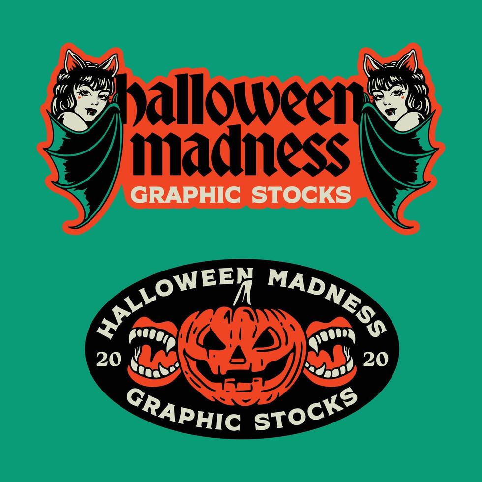 Halloween Pumpkin and Dracula Girl on Badge Design vector
