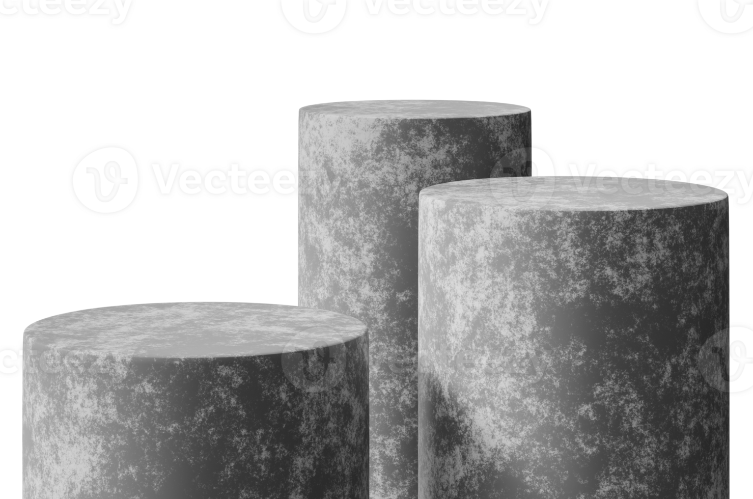 Group of three concrete podiums on transparent background. Front view. Mock up for product display. Cut out pedestal or platform. Empty scene. Stage, showcase for advertising, merchandise. 3D. png