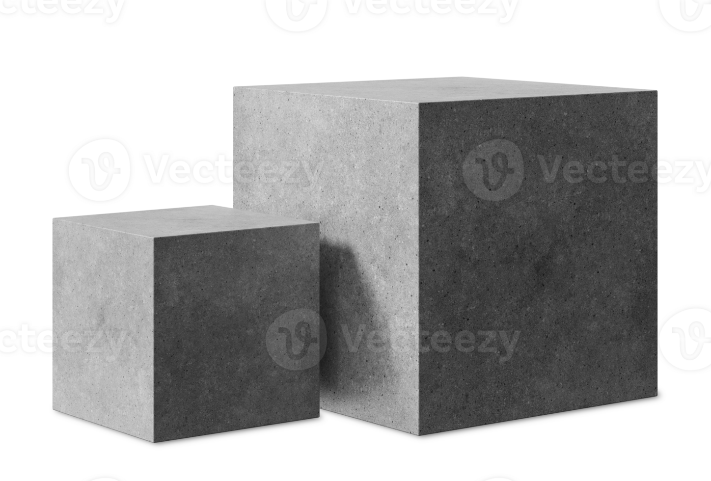 Group of two concrete podiums on transparent background. Front view. Mock up for product display. Cut out pedestal or platform. Empty scene. Stage, showcase for advertising, merchandise. 3D. png