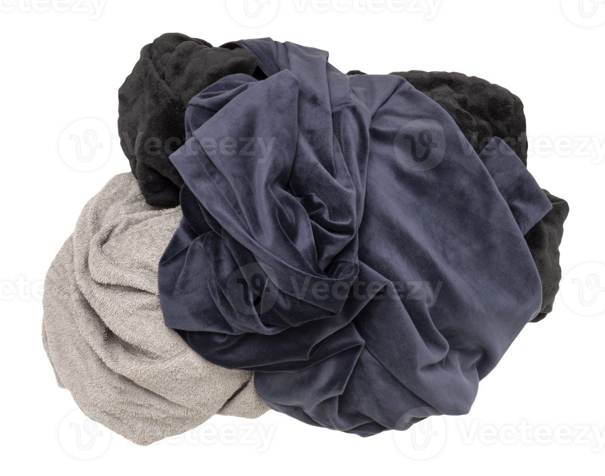 Pile of various crumpled clothes, soft fabrics in dark colors like navy, gray, and black, on transparent background. Top view. Ideal for themes of fashion, laundry, or textiles. Cut out clothing. png