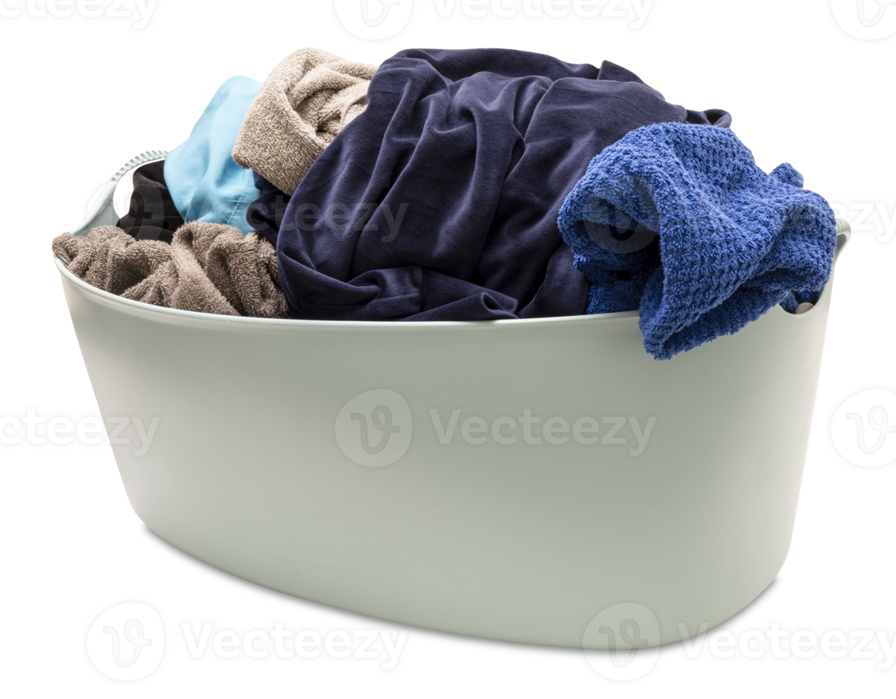 Laundry basket filled with assorted clothes in various colors, on transparent background. Front view. Ideal for themes related to laundry, household chores, or textile care. Cut out clothing. png