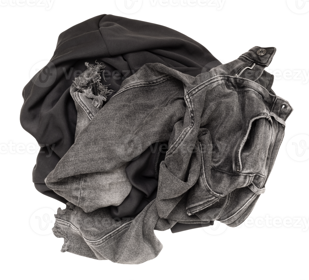 Crumpled pile of dark gray clothes on transparent background. Top view, high angle, flat lay. Ideal for themes related to fashion, laundry, recycling. Cut out clothing. png