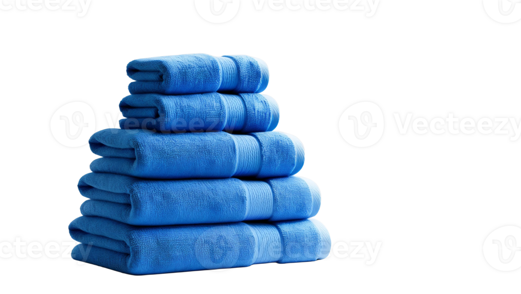 Bright blue cotton towels stacked neatly, highlighting soft and absorbent texture. Ideal for home, bathroom, or spa use, providing comfort and practicality. Isolated on transparent background png