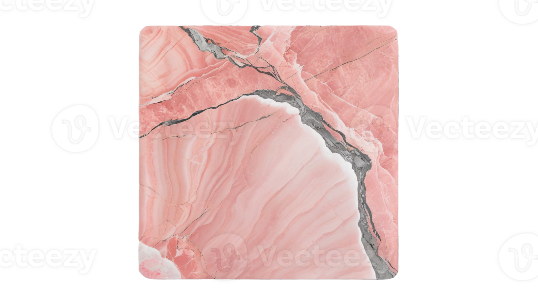 The square-shaped pink marble texture displays intricate gray veins on its surface. Isolated on transparent background png