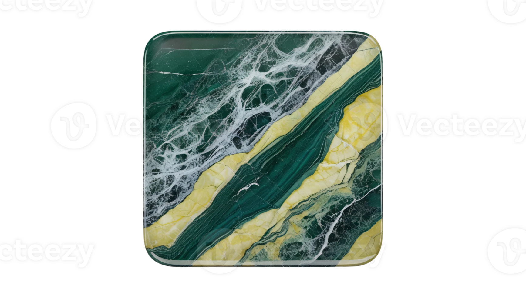 The square-shaped green marble texture displays intricate gray veins on its surface. Isolated on transparent background png