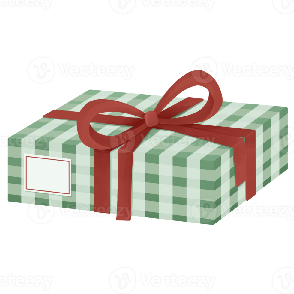 Green gift box Christmas with red ribbon png
