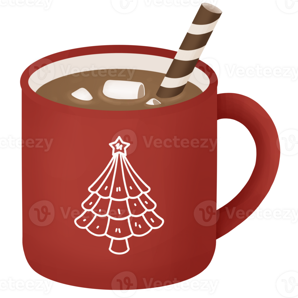 Hot cocoa marshmallows chocolate wafers red mug png
