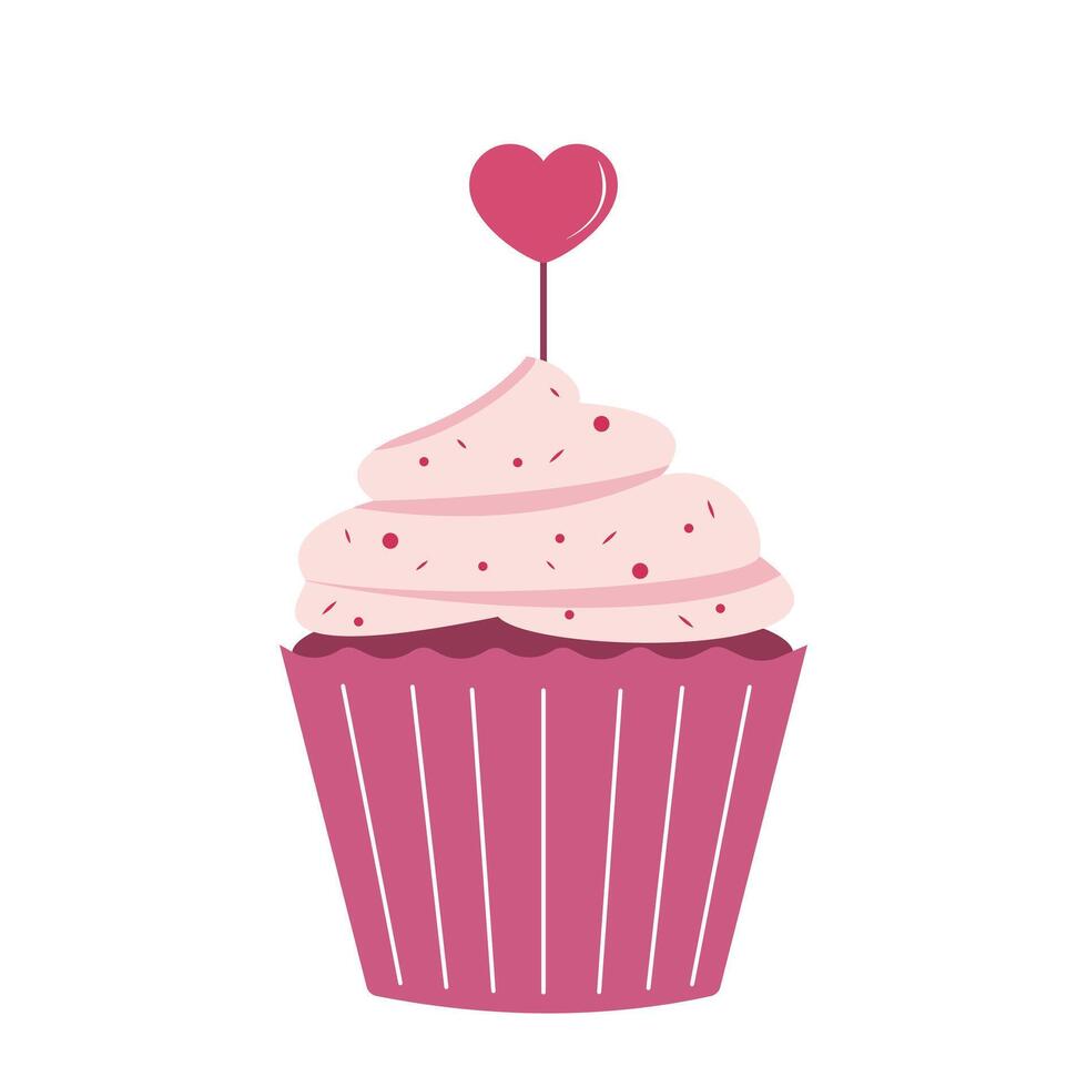 pink cupcake with a heart-shaped topper and red sprinkles vector