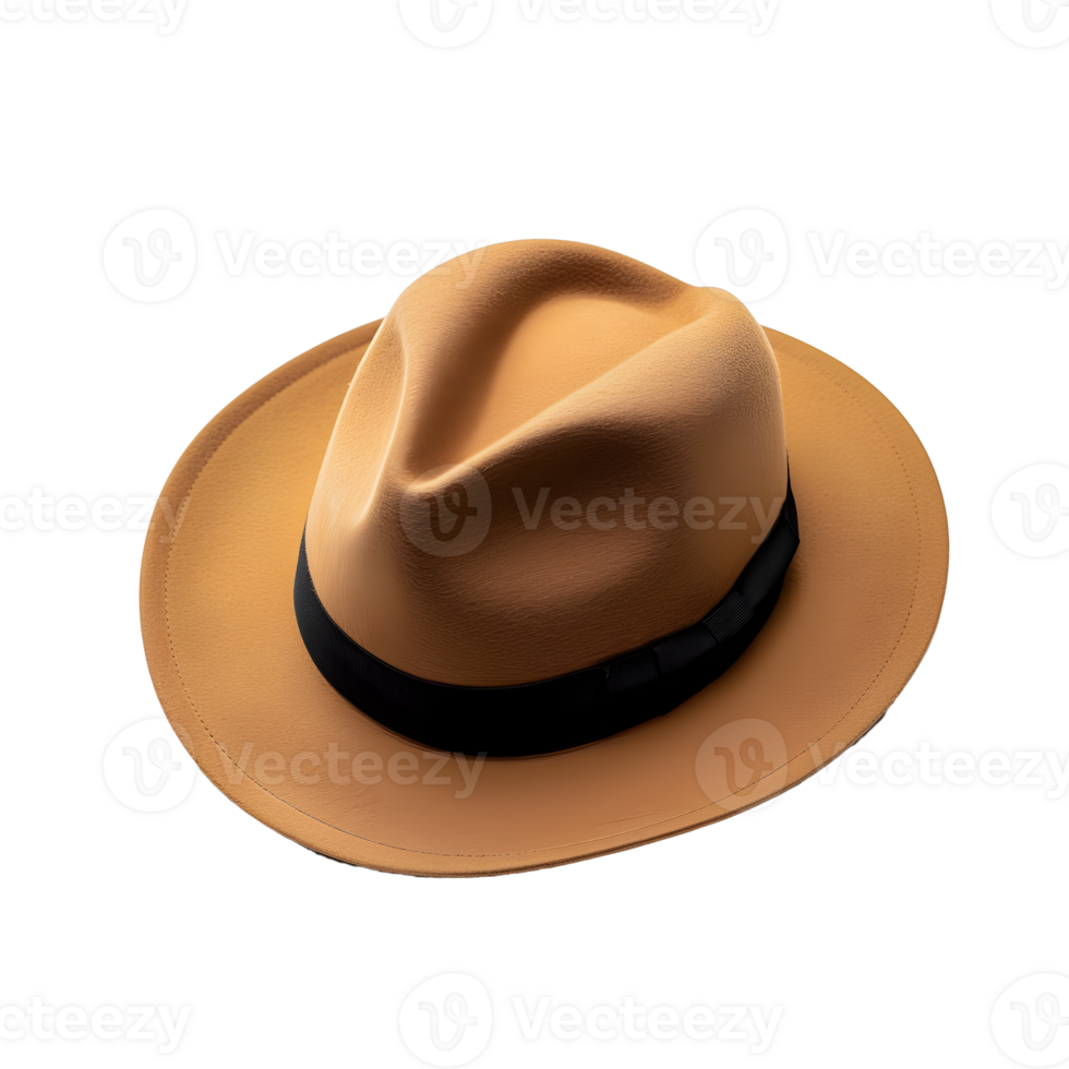 Tan fedora hat with a black band, offering a classic and stylish look, suitable for both casual and formal wear. png