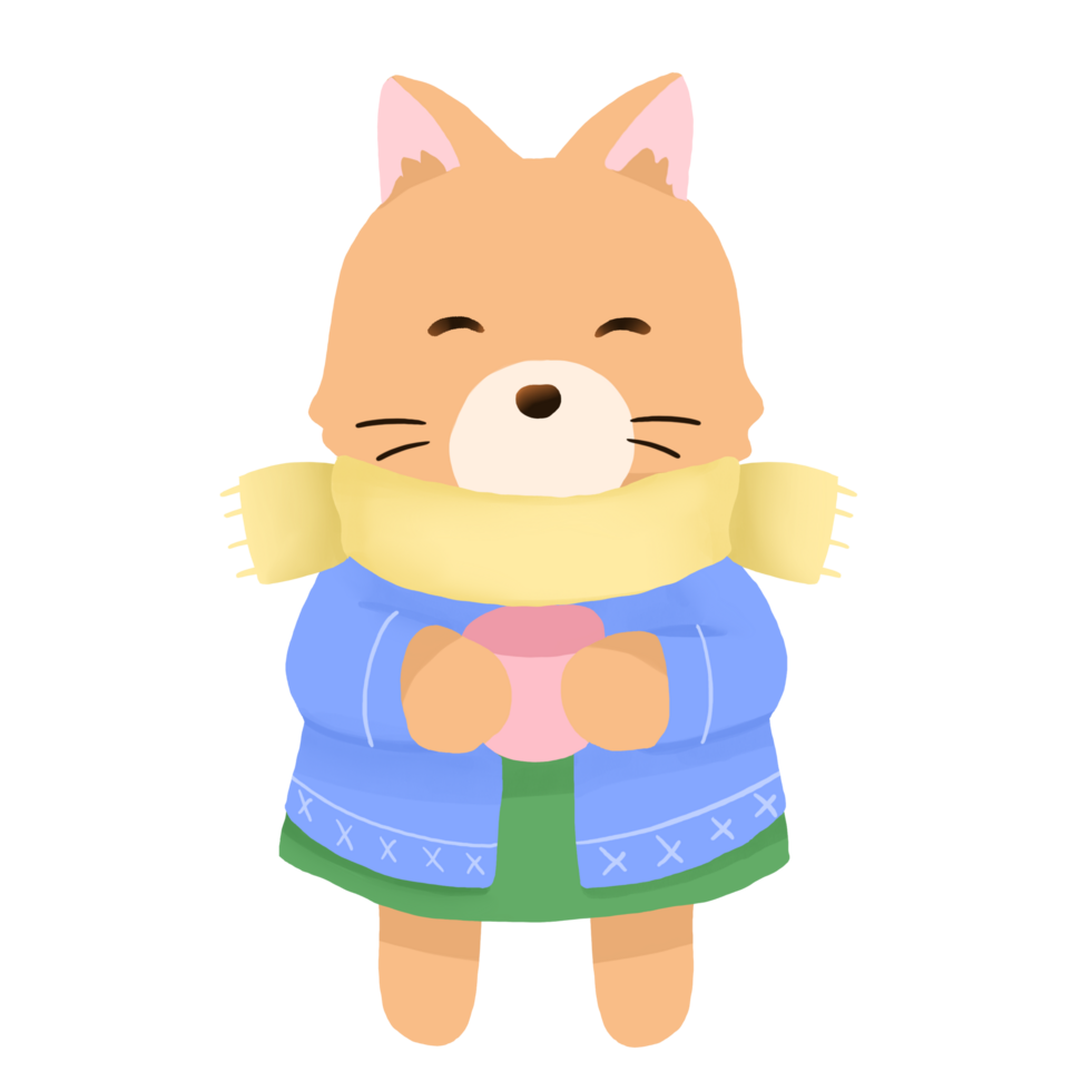 a cartoon cat wearing a scarf and holding a cup png
