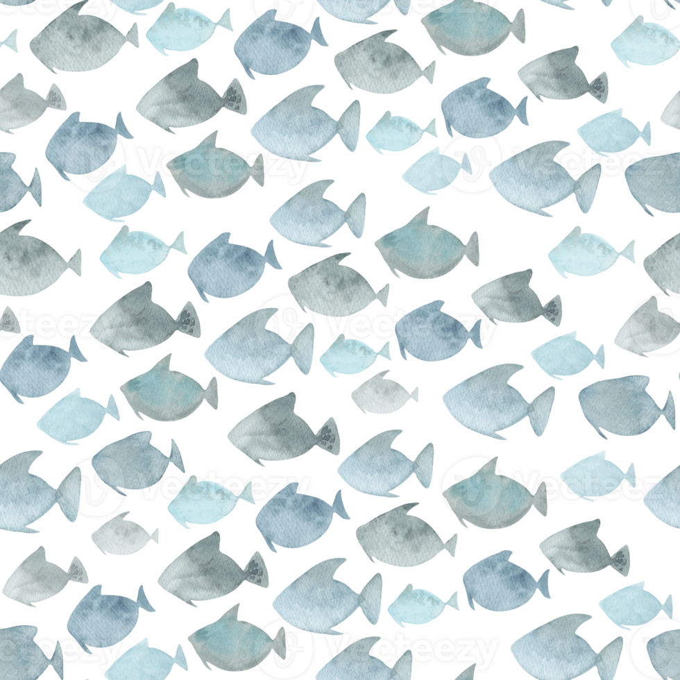 Seamless pattern with Fish navy Shoal. Watercolor illustration. Hand drawn isolated art. Flock of ocean underwater world. Simple sea animals for blue marine textile and wrapping paper.Stylized shape png