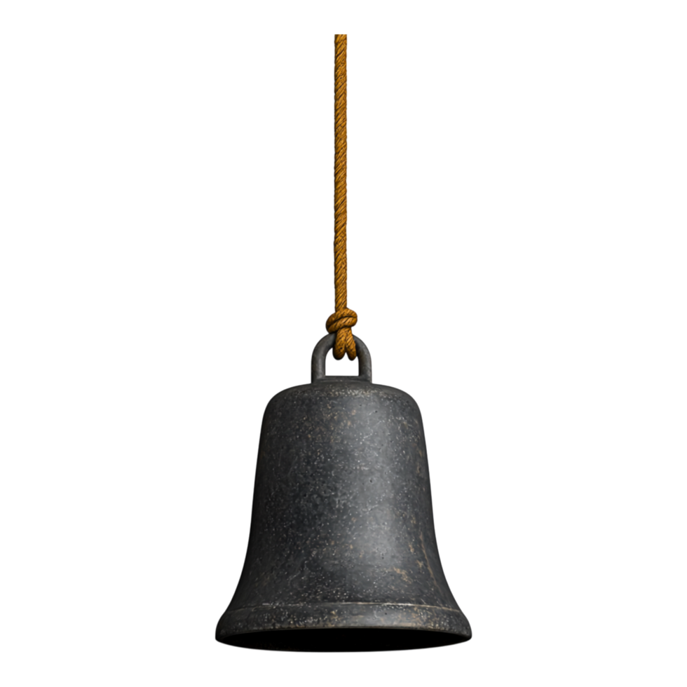 Antique Dark Bell Hanging from Rope with Rustic Finish Highlighting Textured Surface and Simple Design Perfect for Decorative or Artistic Purposes in Various Settings png