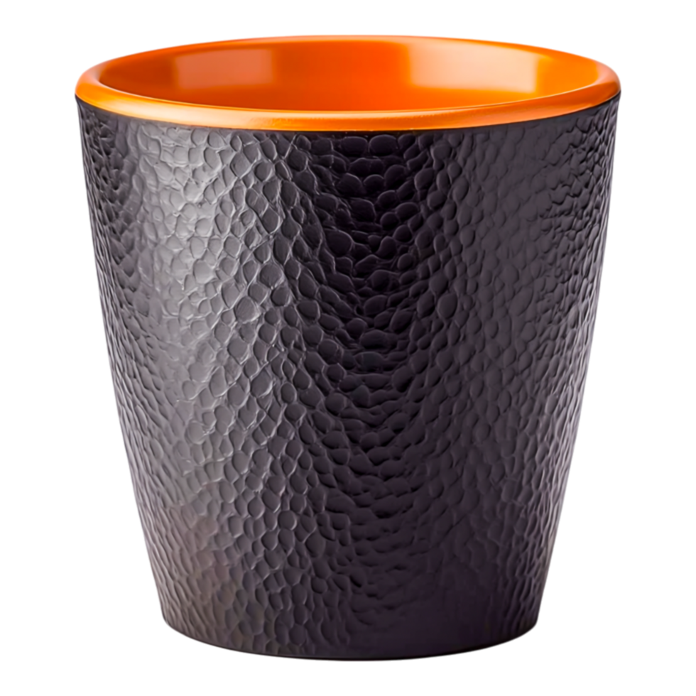 Stylish Black Flower Pot with Textured Surface and Vibrant Orange Interior Ideal for Modern Home Decor and Indoor Gardening Projects png