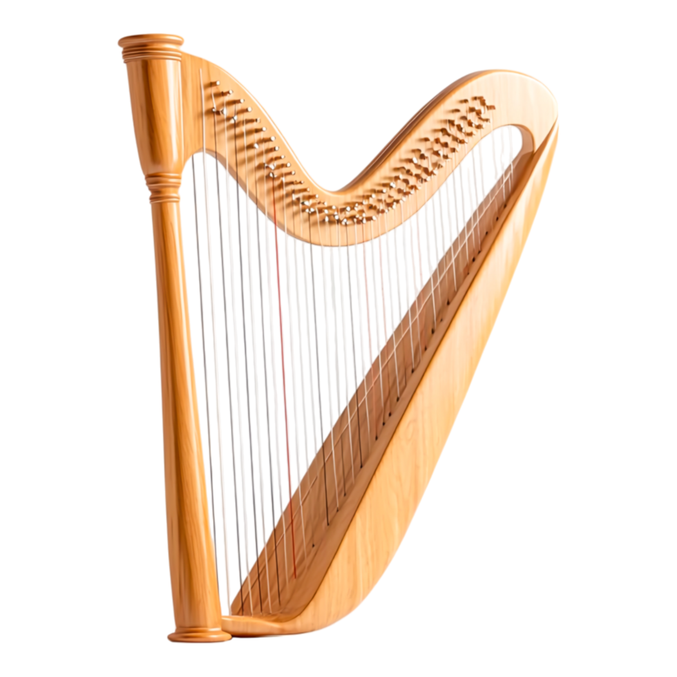 Elegant Wooden Harp with Graceful Curves and Sleek Design, Capturing the Beauty of Musical Instruments in a Stunning Studio Setting png