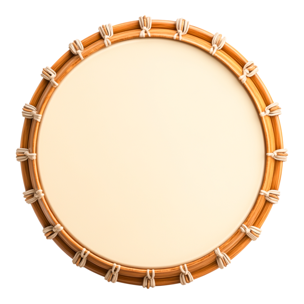 Traditional Round Drum with Wooden Frame and White Skin Surface, Perfect for Music Performance, Cultural Events, and Artistic Expressions in Vibrant Settings png