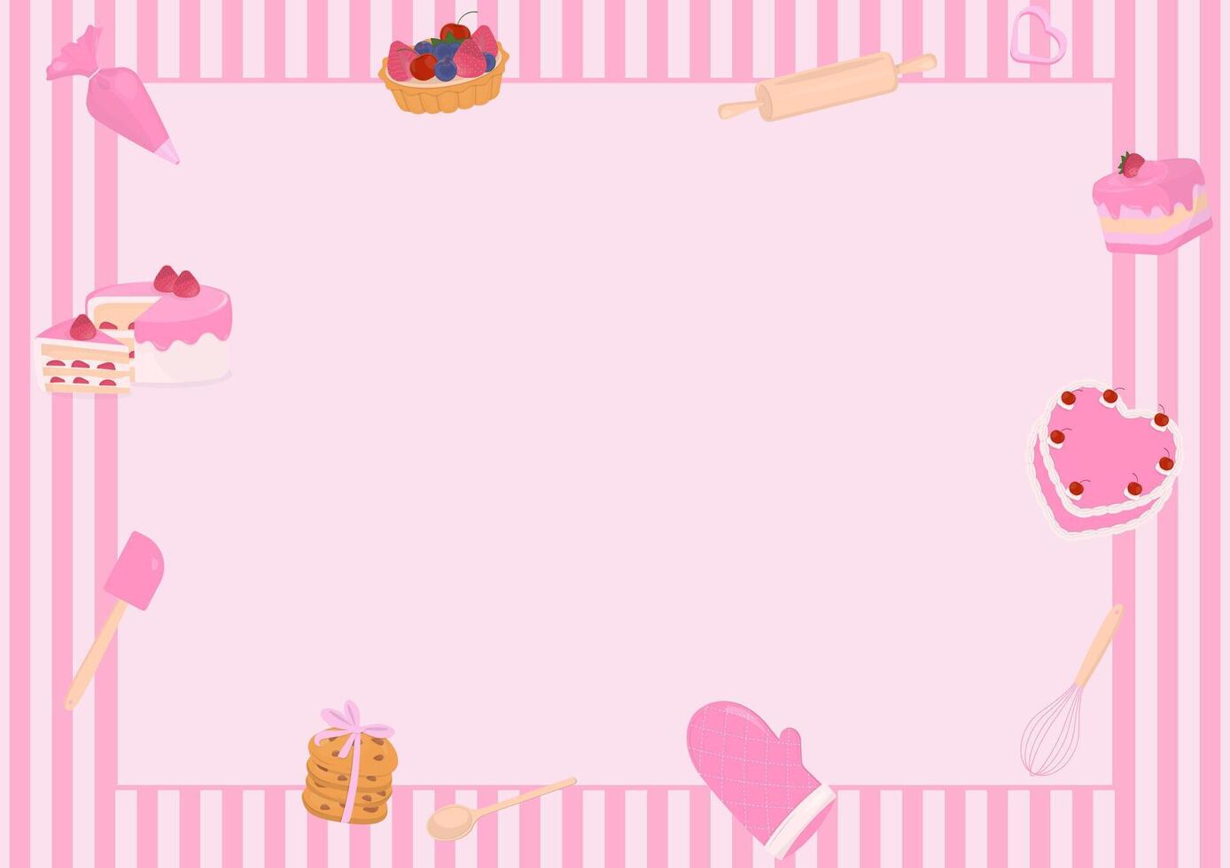 Cake and baking utensils with striped background vector