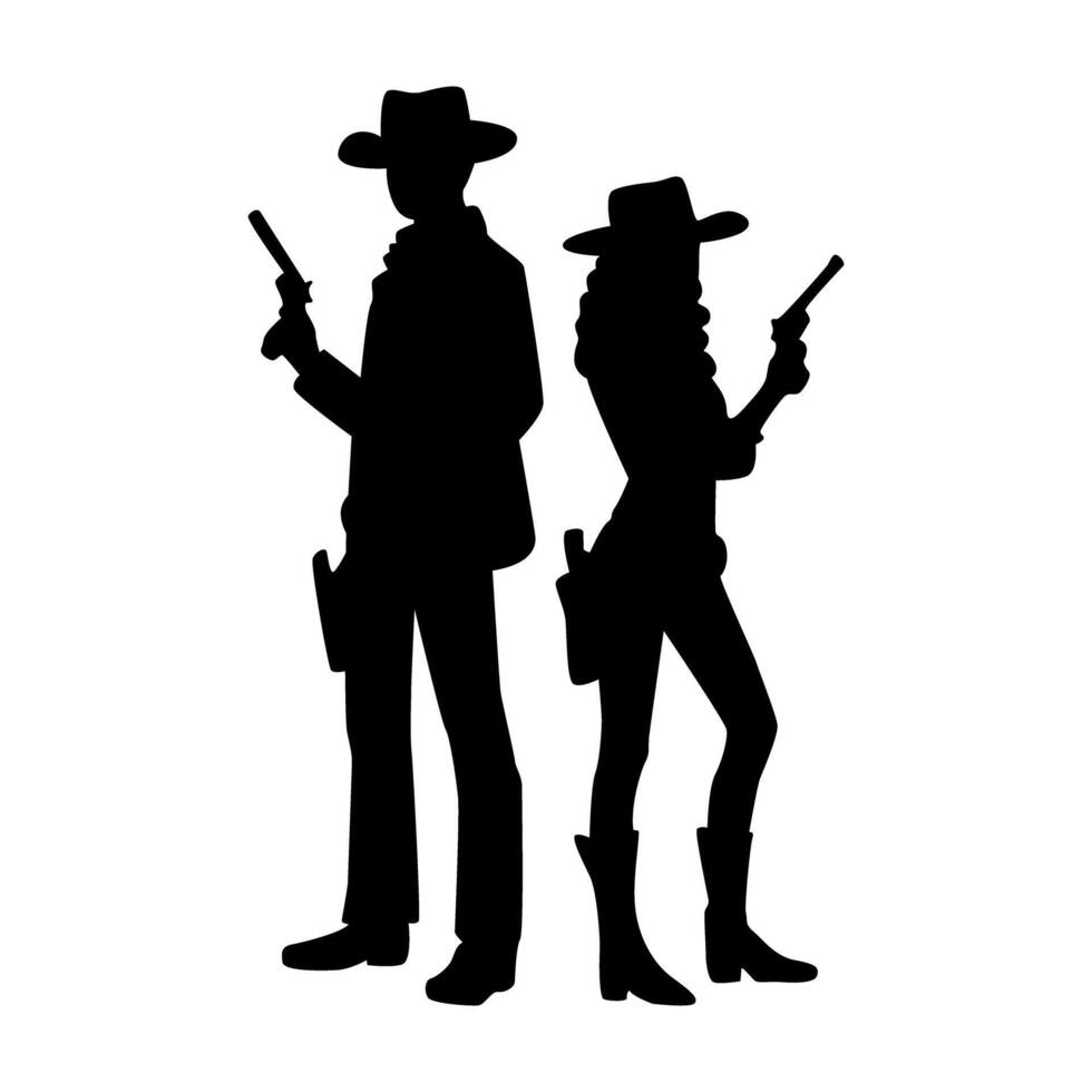 Silhouette of Cowboy and Cowgirl with Gun vector